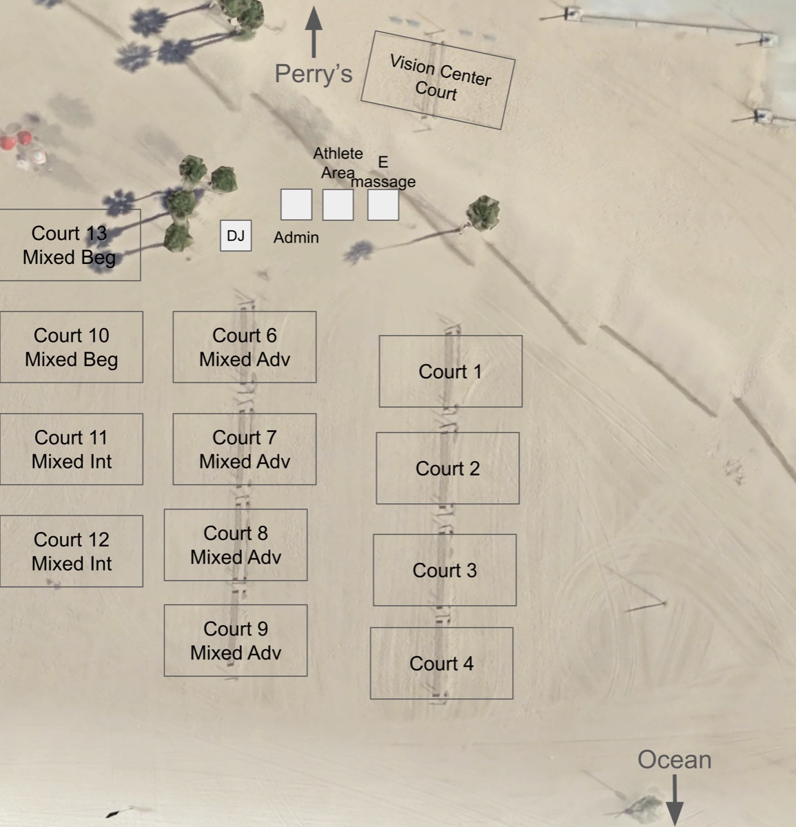 Friday Mixed court map — Mixed Beginner on Courts 13 & 10, Mixed Intermediate on Courts 11 & 12, Mixed Advanced on Courts 6–9
