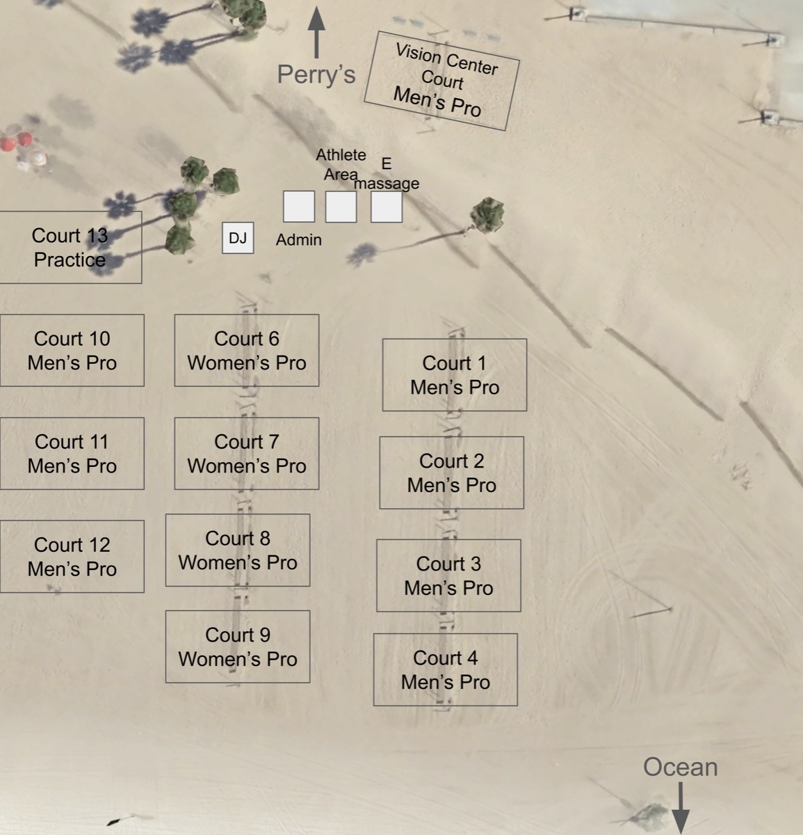 Friday Pro court map — Men’s Pro on the Vision Center Court and Courts 1–4 & 10–12, Women’s Pro on Courts 6–9, practice on Court 13